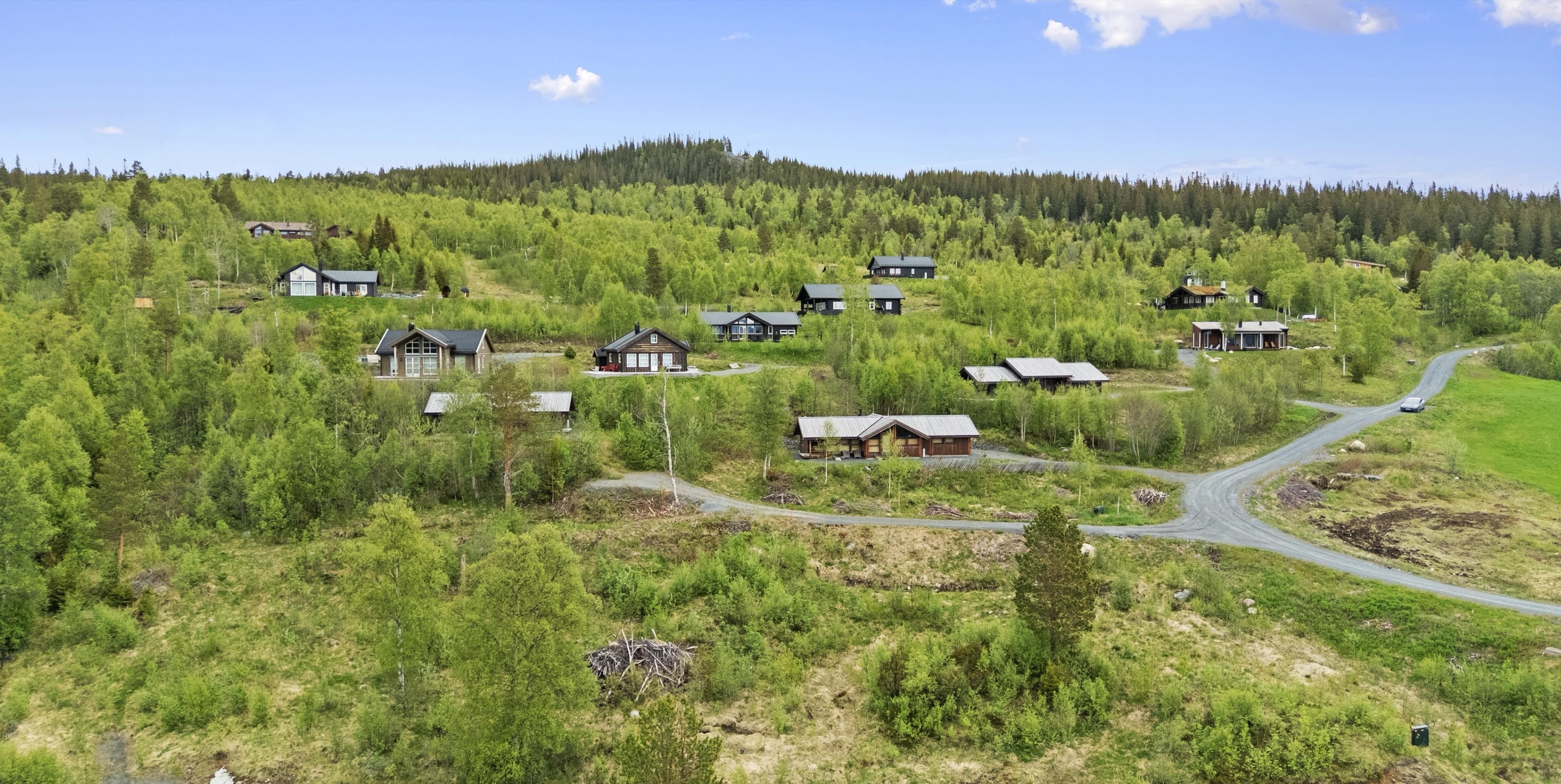 Flyfoto over Mjuken hyttegrend med hytter i skogslandskap